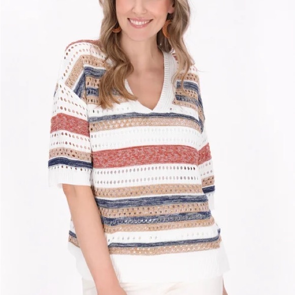 Crochet eyelet Striped Knit V-Neck Sweater - Picture 1 of 6